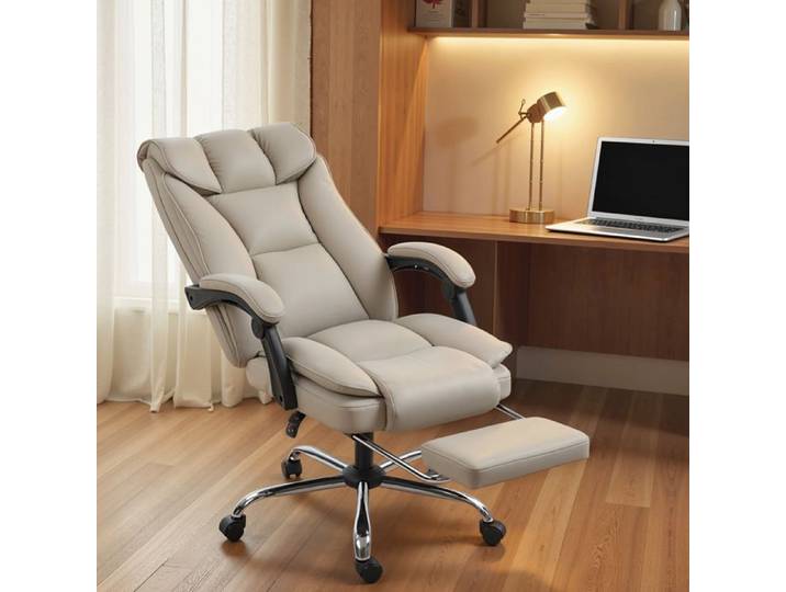 Chaise de bureau - HOMCOM - Simili cuir kaki - Dossier inclinable 155° - Repose-pieds extensible