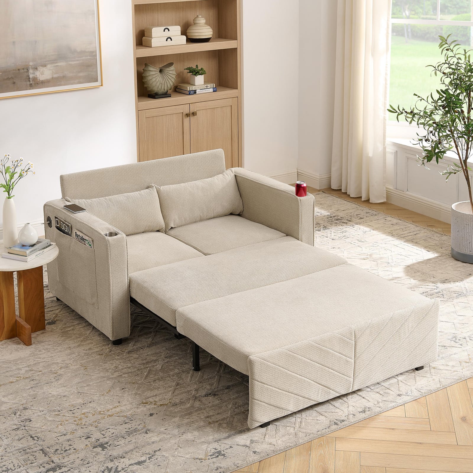 MODFU Uittrekbare slaapbank met 2 zitplaatsen, beige, inclusief USB-oplaadpoort en relaxatiefunctie