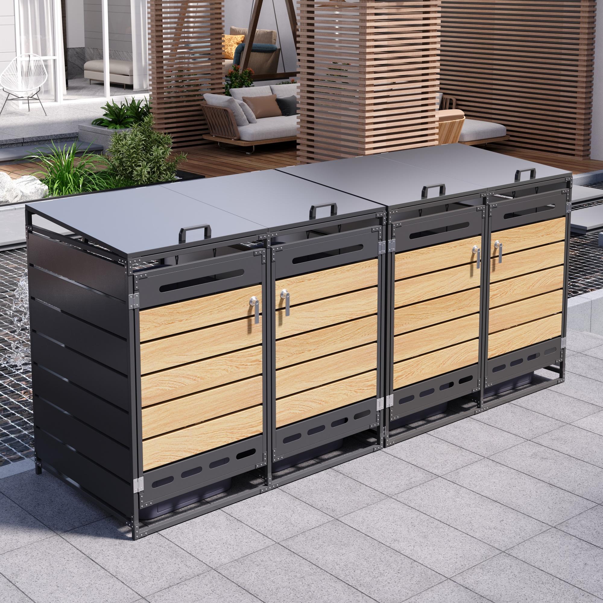 Moonbite Mülltonnenbox 4 Fächer, 262 cm breit, Tonnenschrank mit hydraulisch gehaltenem Deckel, horizontale Holzoptik-Latten, Schloss, Eisen, Schwarz