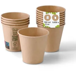BIOZOYG 1000 Stück Einwegbecher 150ml / 6oz Pappbecher, Kaffeebecher, ungebleicht, ökologisch, kompostierbar, umweltschonend für Coffee to Go