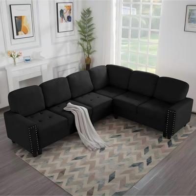 RELEXHHOON Reversible L-Shaped Sectional Sofa in Linen Blend Fabric with Tufted Cushions