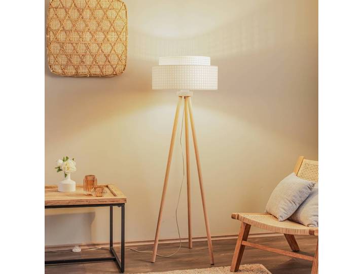 Stehlampe Boho Duolla, Holz hell, für Schlafzimmer, Holz, Tripod Stehleuchte