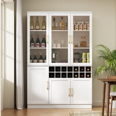 Loedds "70.9"" Wine Bar Cabinet with Removable 14-Bottle Rack, Glass Doors & Door Shelves"