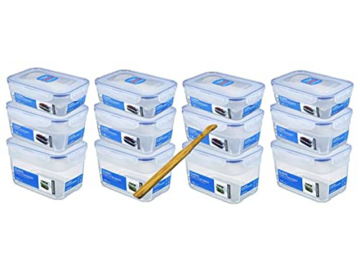 Lock&Lock Frischhaltedosen-Set 12-teilig gleiche Deckel (4X 1,2L-Box, 4X 1,8L-Box, 4X 2,4L-Box) stapelbar, leer ineinander schachtelbar und SeleXions Multifunktion Olivenholz Spachtel