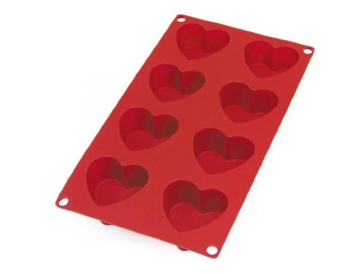 Lékué Moule pâtisserie Coeurs 8 cavités\, silicone platine rouge