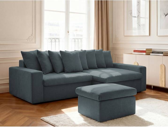 Canapé d'angle fixe ENORE tissu lisse avec pouf
