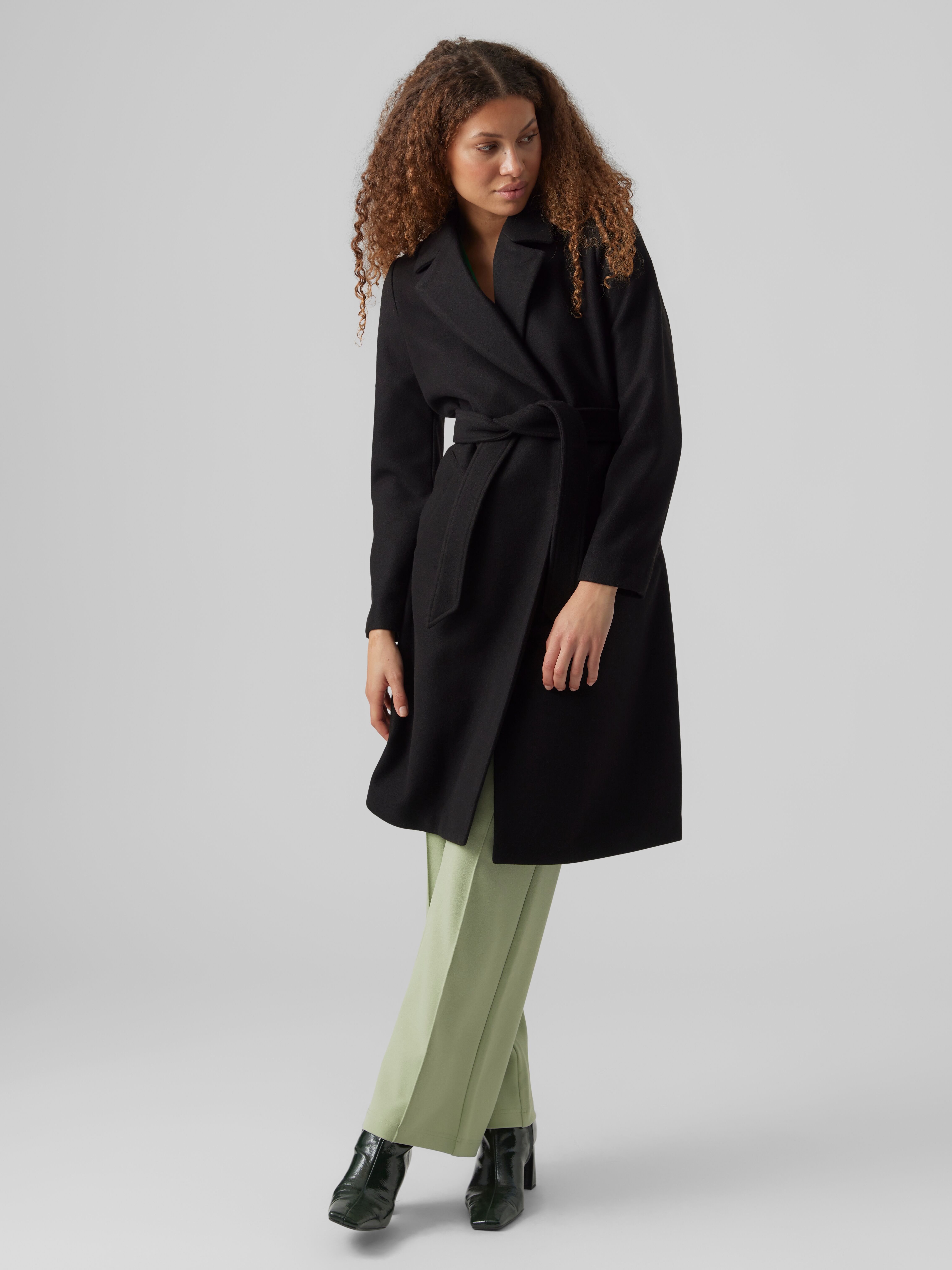 Langmantel VERO MODA "VMFORTUNEAYA SS23 LONG COAT NOOS", Damen, Gr. M, schwarz, Web, Obermaterial: 100% Polyester, unifarben, knieumspielend, V-Ausschnitt, Mäntel Langmantel, Kunstfaser schwarz M
