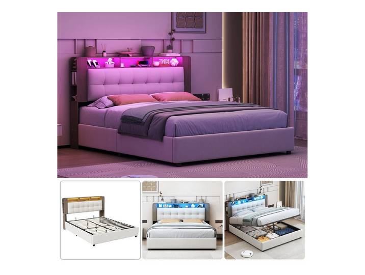 PXloue Polsterbett LED Doppelbett (Kopfteil mit integrierter kabelloser Ladefunktion), Bettkasten, Ladefunktion, Samt, 140x200 cm