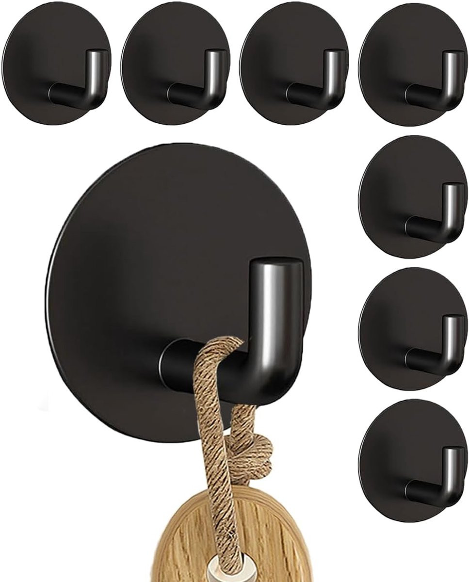 Set van 8 zelfklevende RVS wandhaken in zwart voor badkamer en keuken