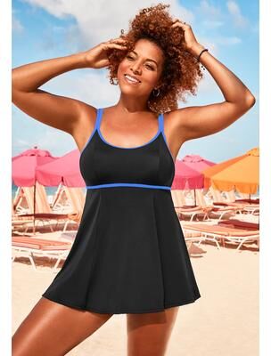 Plus Size Women's Lingerie Strap Swimdress by Swimsuits For All in Black Bright Royal (Size 24)