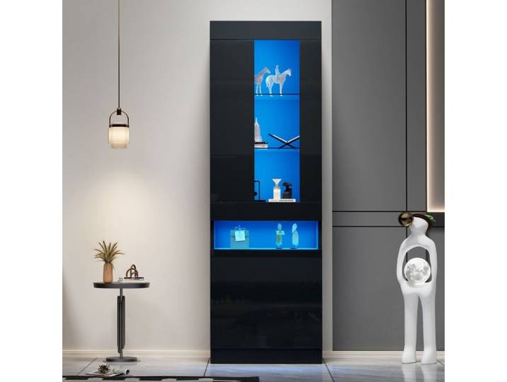 Luscriate - Vitrine 50x40x180 cm 2 étagères en verre LED USB 1 porte + 1 niche - Noir