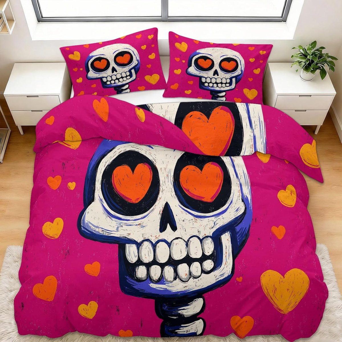 Dekbedovertrek Set met Abstract Hart en Schedel Design - Roze - 180 x 200 cm