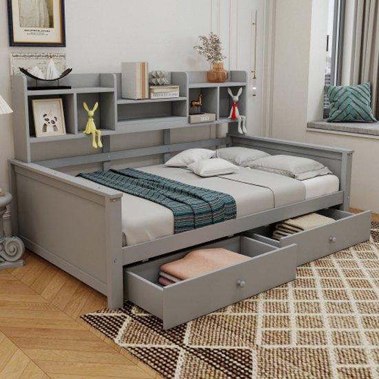 Einzelschlaflager 90x200, Ladestation und Platten, Lattenrost, Kinderbett, Jugendbett, Einzelbett, massives Holzbett, grau