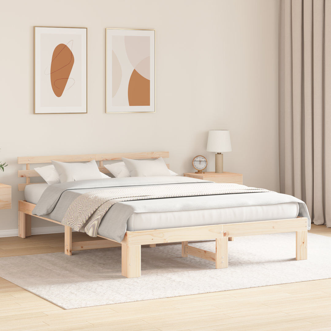 17 Stories Bed Frame with Headboard Solid Pine Wood Natural Kingsize (5')