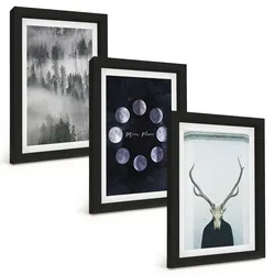 BILDER SET 3er Set - 20x30 cm Schwarzer Rahmen - Waldlandschaft, Nebel, Mond, Hirschschädel