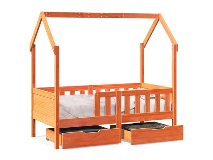 PUGYNBK Bett Casita aus Kiefernholz, 70 x 140 cm, mit Schubladen Sicherheitsgeländer, offenes Dach, Lagerung mit Rädern, Basisleisten