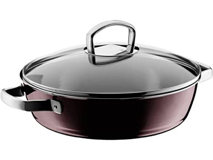 WMF Fusiontec Mineral Schmorpfanne 28 cm Induktion, Bräter mit Glasdeckel, Schmortopf 4,1l, hoher Rand, High-Tech Keramik, kratzfest, dunkelrot