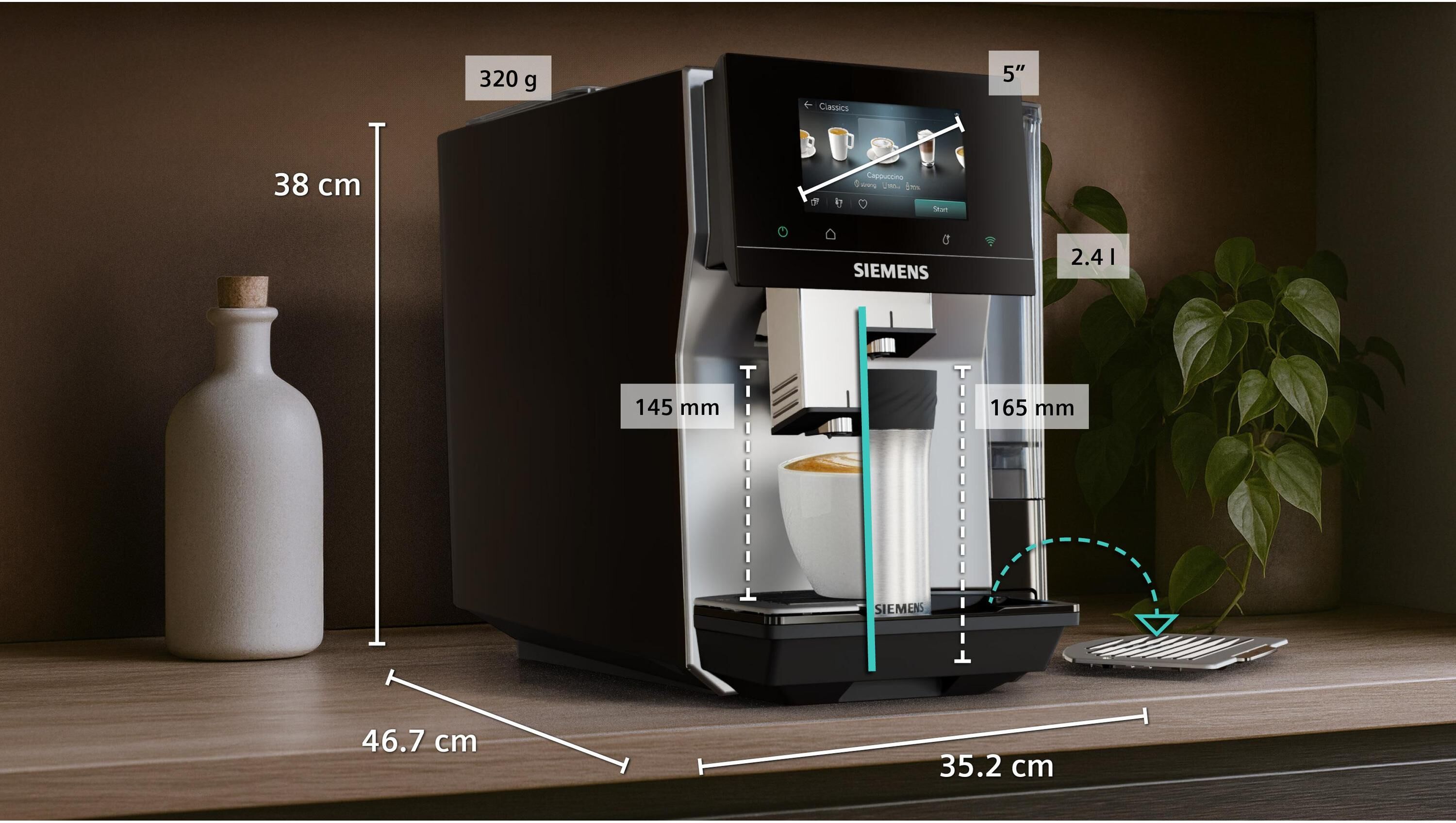 Siemens Kaffeevollautomat "TP725ET7", Energieeffizienz: A, schwarz (inox silber metallic), B:30,9cm H:38cm T:46,7cm, Kaffeevollautomaten, farbiges Full-Touch-Display, Doppeltassenfunktion, sehr leise, silber, Kaffeevollautomat inox silber metallic Einheit
