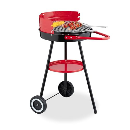 Relaxdays houtskoolbarbecue met wielen, zwart/rood, diameter: 42 cm