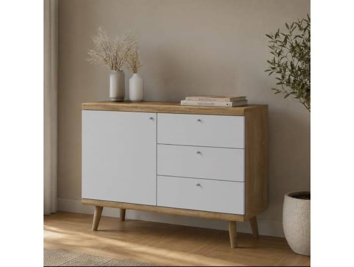Lomadox Kommode mit 107 cm Breite, in Weiß mit Eiche