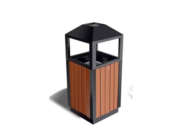 Outdoor-Mülleimer mit Deckel Außenbehälter, große Obstbehälter, Landschaft, Gemeinschaftsschule, Hygiene, Plaza, Stahl und Holz, kreativer Holzzylinder for den Außenbereich Schrank zum Mülltrennen (C