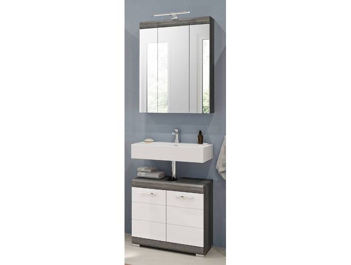 Badezimmerset Scout 2-tlg Spiegelschrank 60 x 191 x 34cm Holz/Beige/Rauchsilber mit Beleuchtung