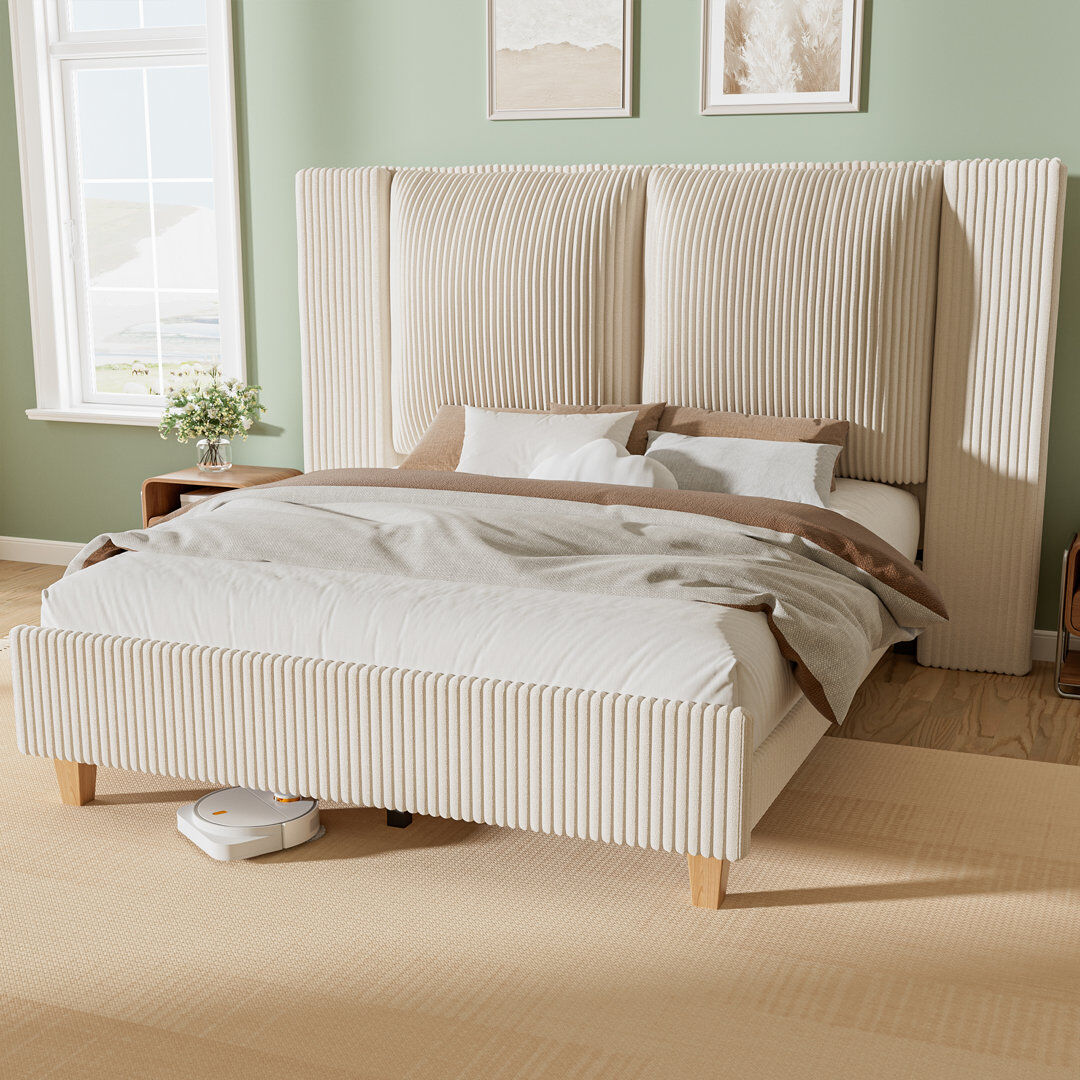 Marlow Home Co. Upholstered Platform Bed Frame with Tall Wingback Headboard, Corduroy Modern Design,No Box Spring Needed, Easy Assembly Beige Kingsize (5')