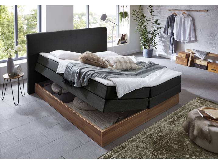 Boxspringbett HOME AFFAIRE Blomen , grau (anthrazit), B:162cm L:224cm, Komplettbetten, Boxspringbett, mit Walnuss-Dekor, mit Bettkasten, verschiedene Härtegrade, mit Topper
