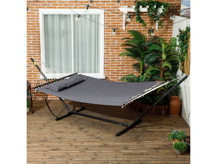 Outsunny Hamac sur pied, hamac avec support en acier, oreiller, barres d'écartement, 368 x 140 x 110 cm, gris foncé