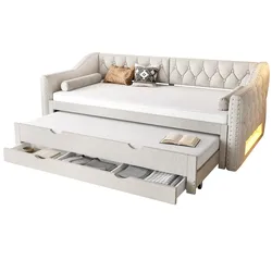 MODFU Gepolstertes Tagesbett 90x200 cm Ausziehbett 3 Schubladen LED-Beleuchtung Leinen MDF Komfort Beige Schlafzimmer Gästezimmer