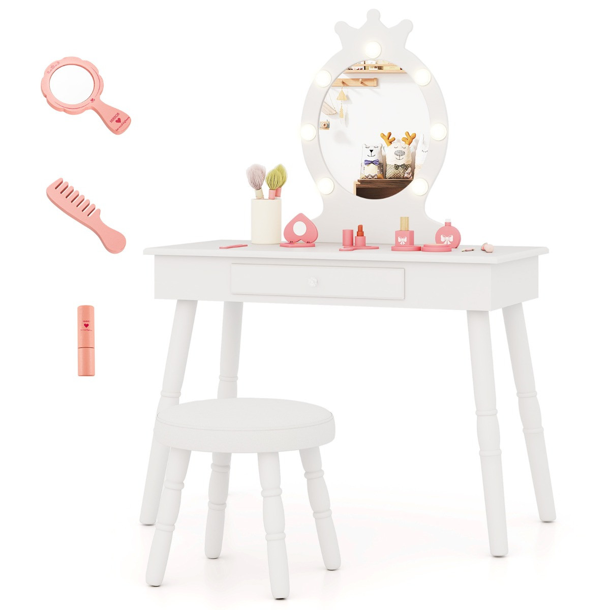 Costway Kinderkaptafel Set met Verlichte Spiegel en Gestoffeerde Kruk, Wit
