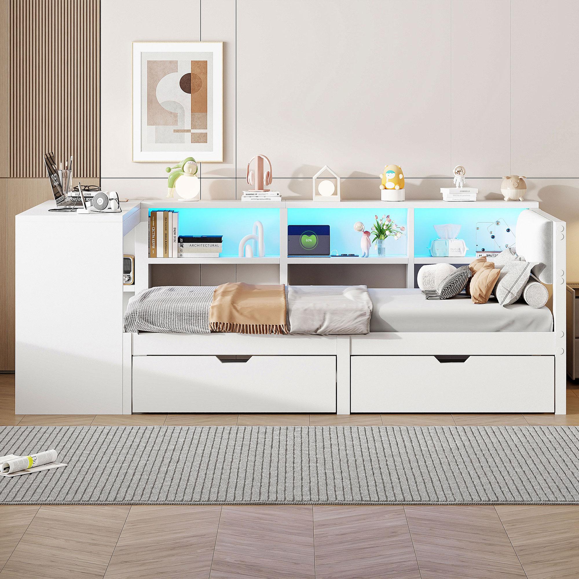 Abrihome Stauraumbett Kinderbett 90x200cm mit Schreibtisch, Bücherregal und Schubladen, Holzbett mit Lattenrost, Weiß