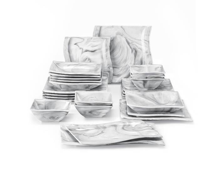 Service de table en porcelaine gris marbré MALACASA Flora, 26 pièces, comprenant 6 assiettes plates, 6 assiettes à gâteau, 6 assiettes à soupe, 6 bols et 2 plats de service