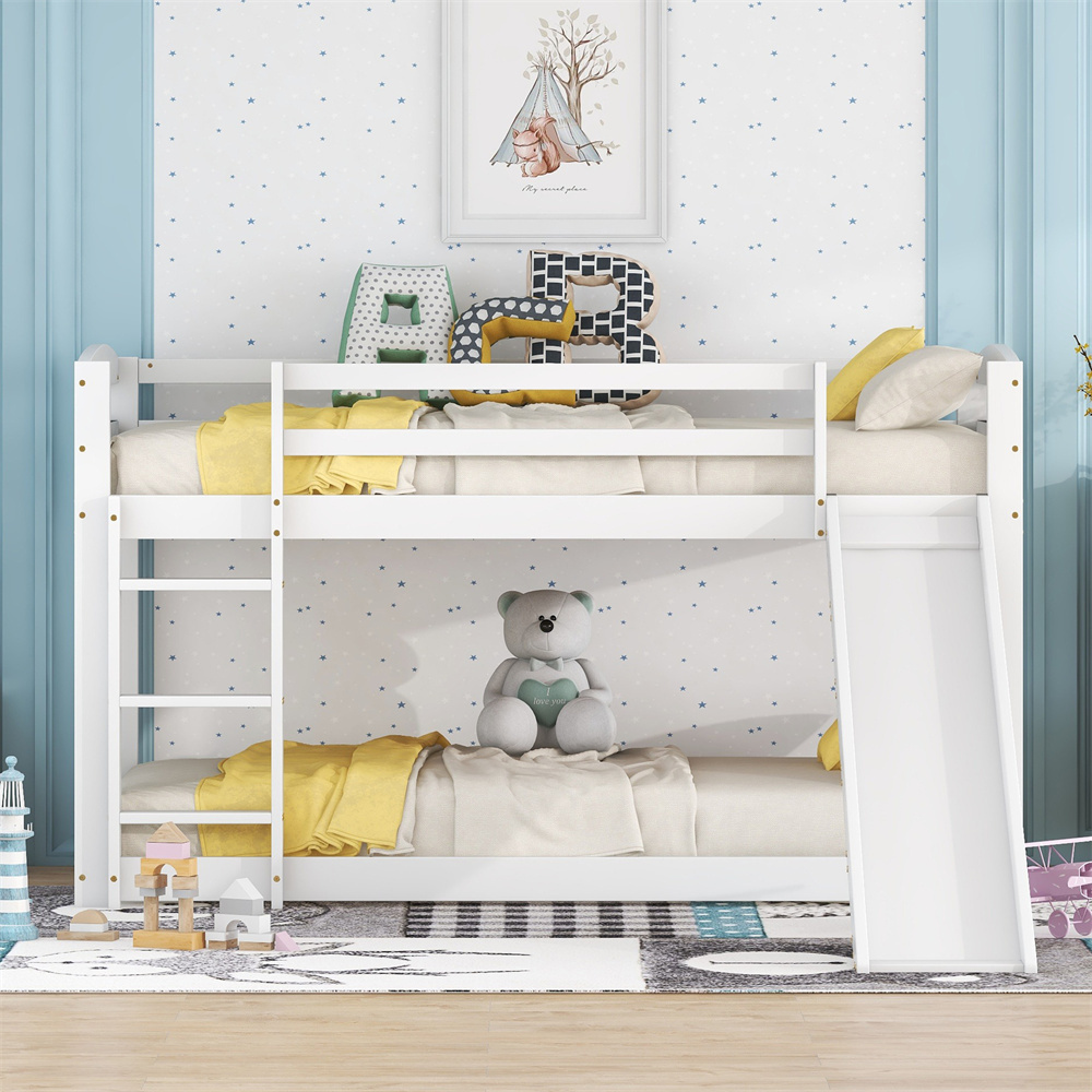 Etagenbett für Kinder und Jugendliche, Kinderbett mit Rutsche, Massivholzrahmen, einfache Montage, 90x200cm, wei?