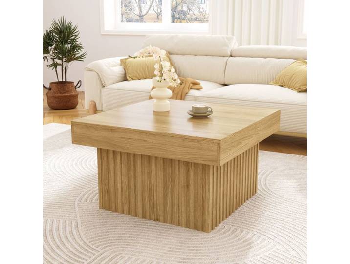 Table basse carrée salon 79x79x46 cm design minimaliste aspect bois naturel avec plateau PB et base MDF Grjofek