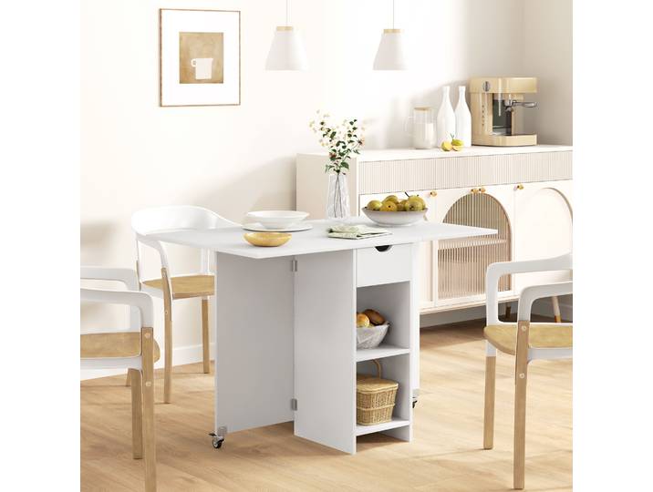 HOMCOM Table à manger pliante pour 2-4 personnes, table de cuisine pliante avec espace de rangement, Table extensible sur roues, Blanc