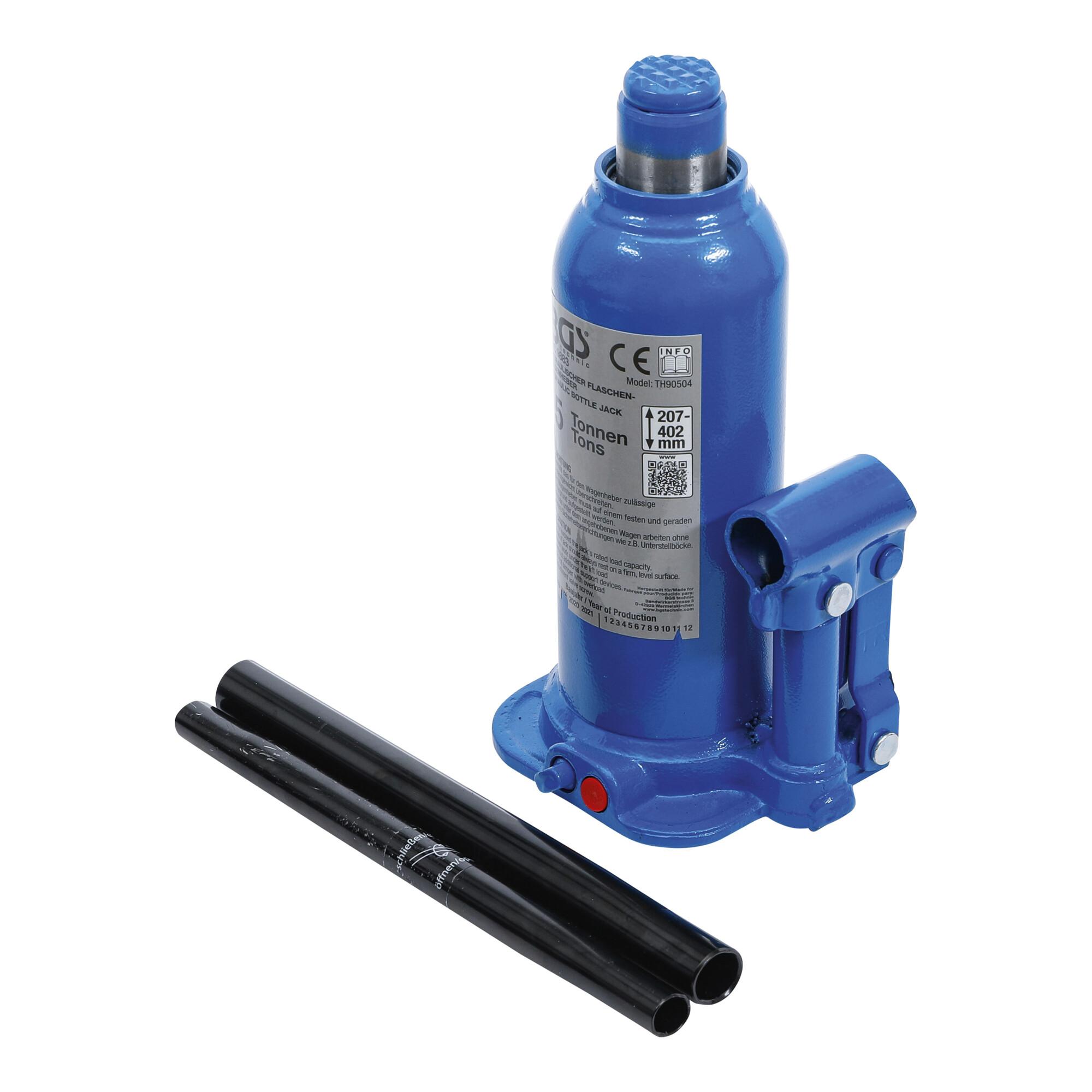 BGS technic Hydraulischer Flaschen-Wagenheber 5 t aus Stahl mit Hydraulikzylinder und Ventil für Fahrzeuge, 9883)
