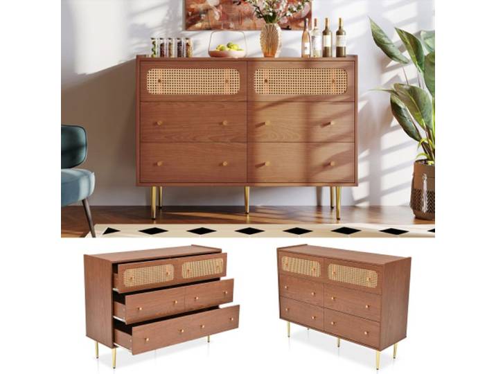 Commode - 6 tiroirs - Vintage - Noyer - Pieds métalliques 20 cm