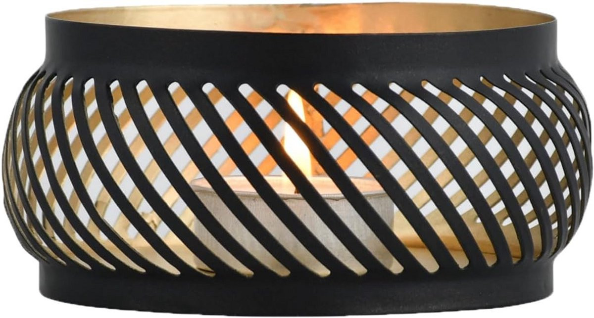 Ronde Metalen Theelichthouder Zwart Goud - Scandinavische Windlicht voor Woonkamer Tafel Decoratie