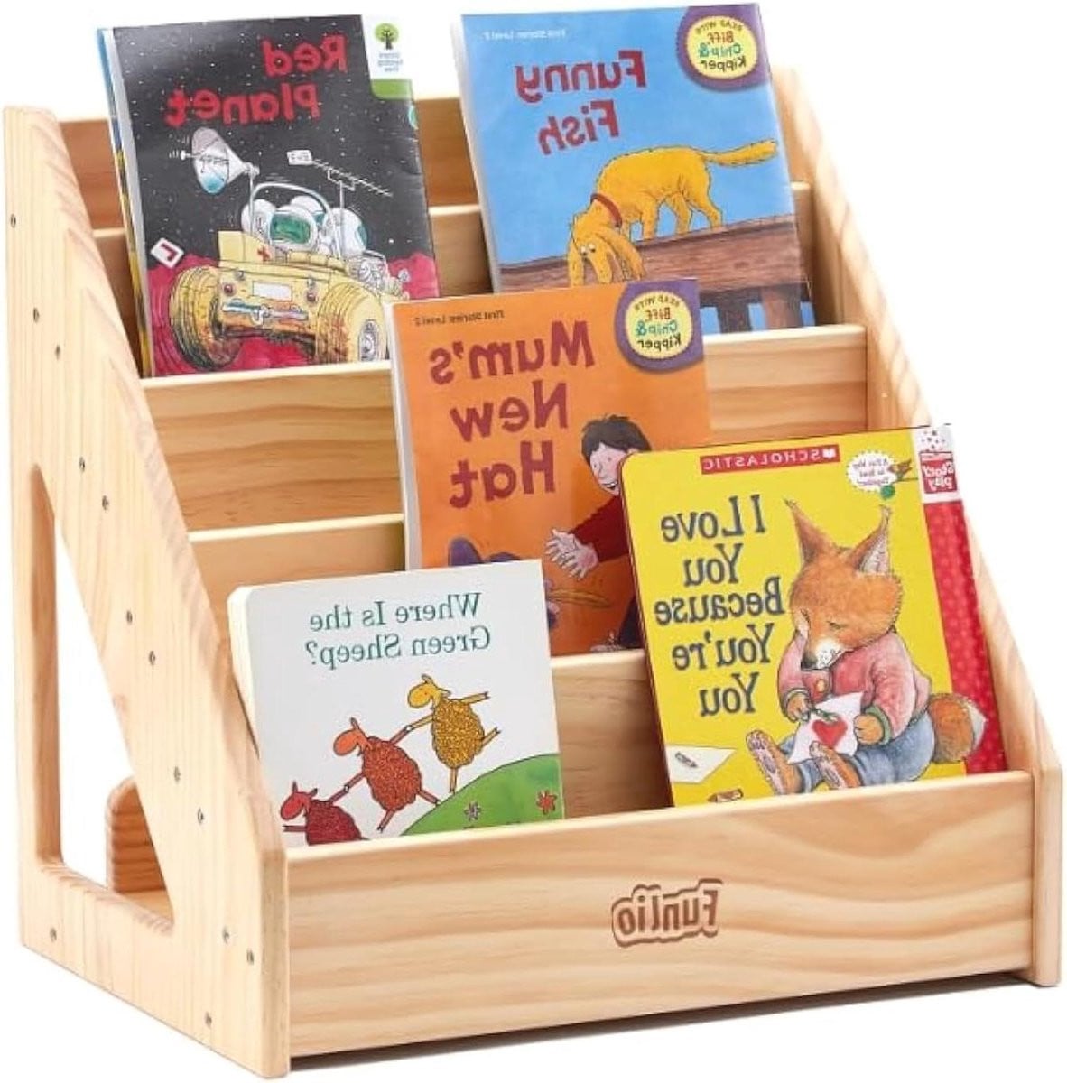 Houten kinder boekenkast met handgrepen in houtkleur, Hoogte: 43 cm