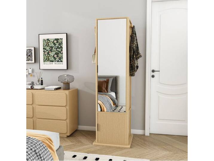 WUVRIE Armoire miroir en pied rotative 360° 4-en-1 rangement bijoux bibliothèque ouverte crochets effet bois