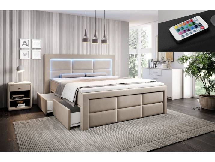 Lukas Möbel Boxspringbett Boxspringbett Aston mit Bettkasten und 16-Farben-LED, mit Bettkasten, inkl. Topper, inkl. LED-Beleuchtung