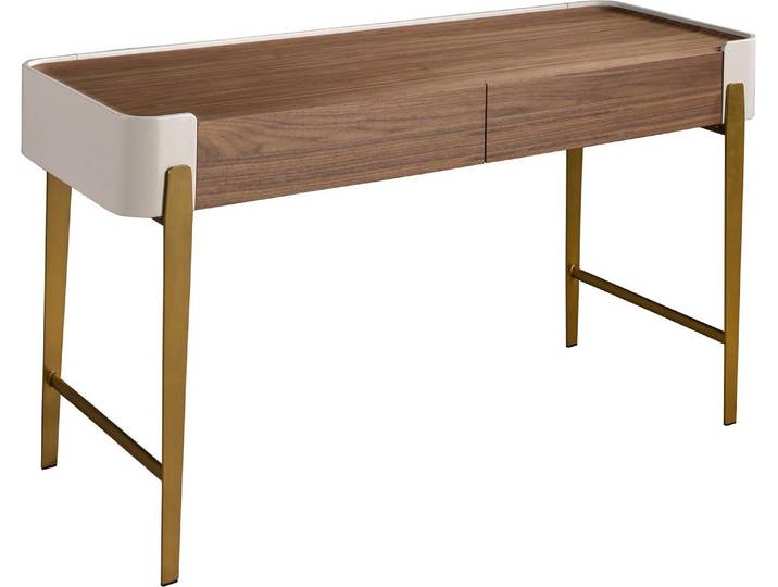 Schreibtisch in Nussbaum, Beige und goldfarbenem poliertem Stahl 7186