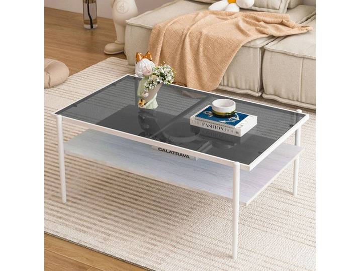 LUSCRIATE - Table basse relevable avec étagères latérales ouvertes Meuble de salon multifonction rangement pratique design moderne