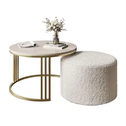 COUCHTISCH mit Hocker LORI Hochglanz gebürstetes Gold/glänzender Kaschmir/Coral 65