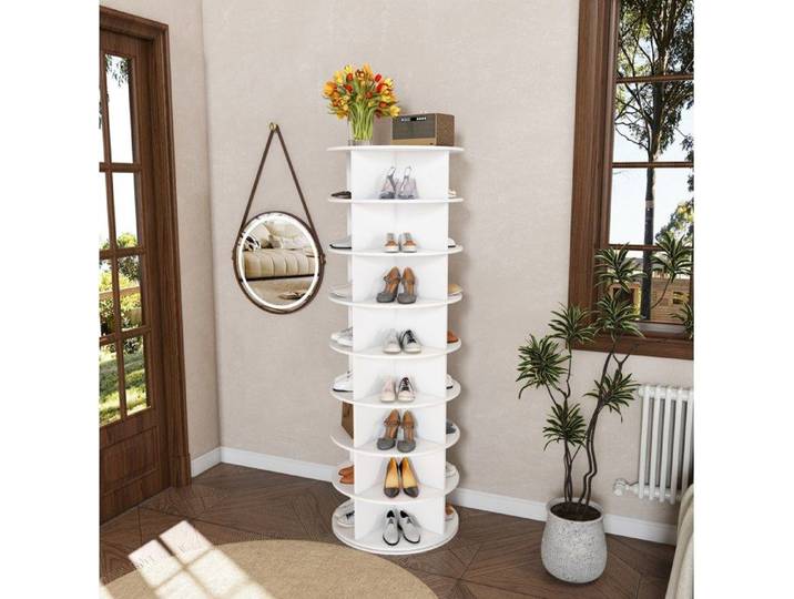 COVREO Tour à chaussures rotative 8 niveaux 60 x 60 x 183 9 cm range-chaussures 32 paires PVC blanc