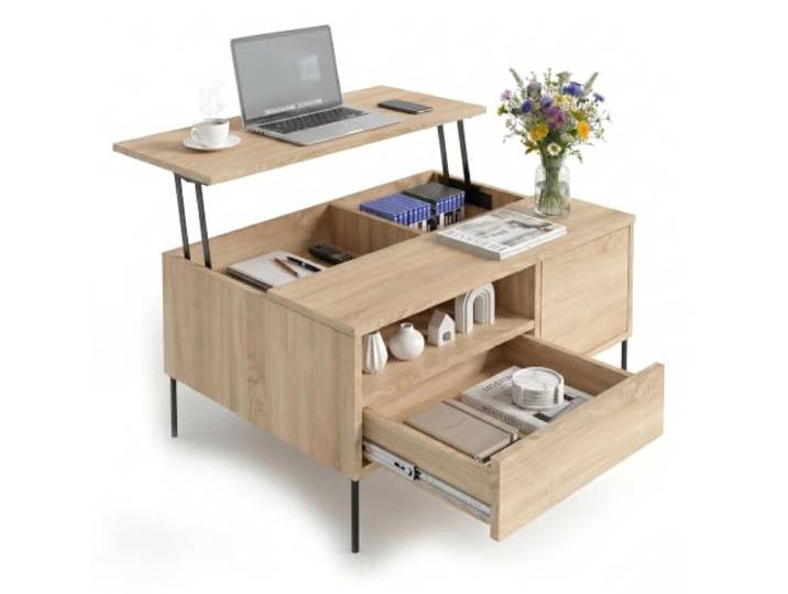 CraftPAK Lift-Couchtisch Höhenverstellbarer Sofatisch mit Schublade, Tür, offenem Fach & Stauraum Wohnzimmertisch Eiche Sonoma