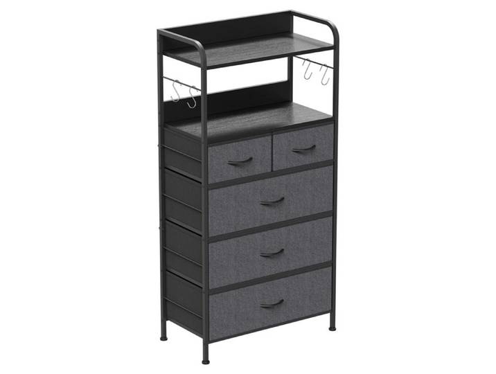Koioplie Commode haute 5 tiroirs en tissu tour de rangement avec étagère ouverte et crochets cadre métal Noir