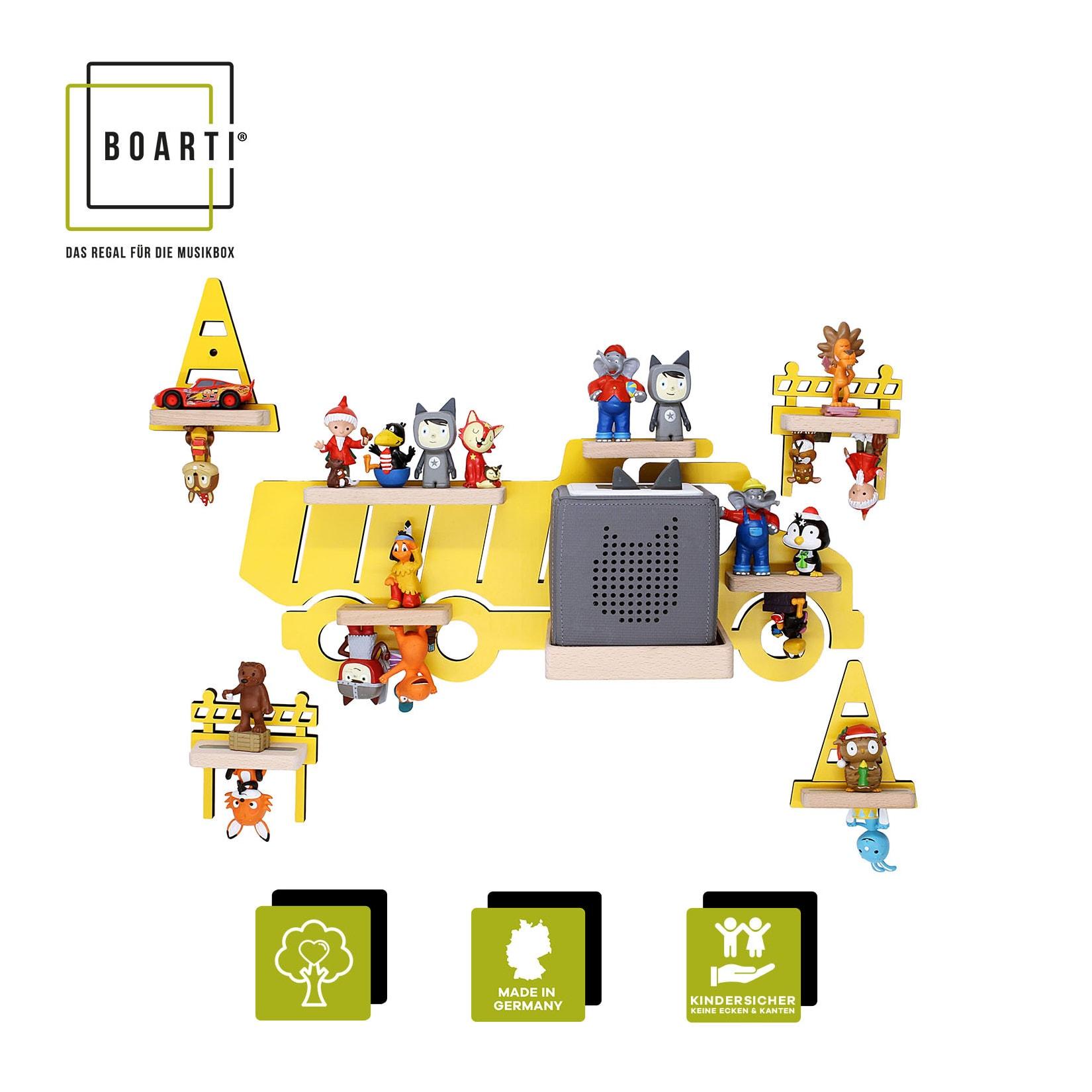 BOARTI Kinderregal LKW Bagger hängend für Toniebox und Tonie Figuren platzsparendes Regal H. 43 x B. 47 x T. 19 cm Wandregal Musikbox Figuren Aufbewahrung Magneteinsätzen Aufbewahrungsregal Holz