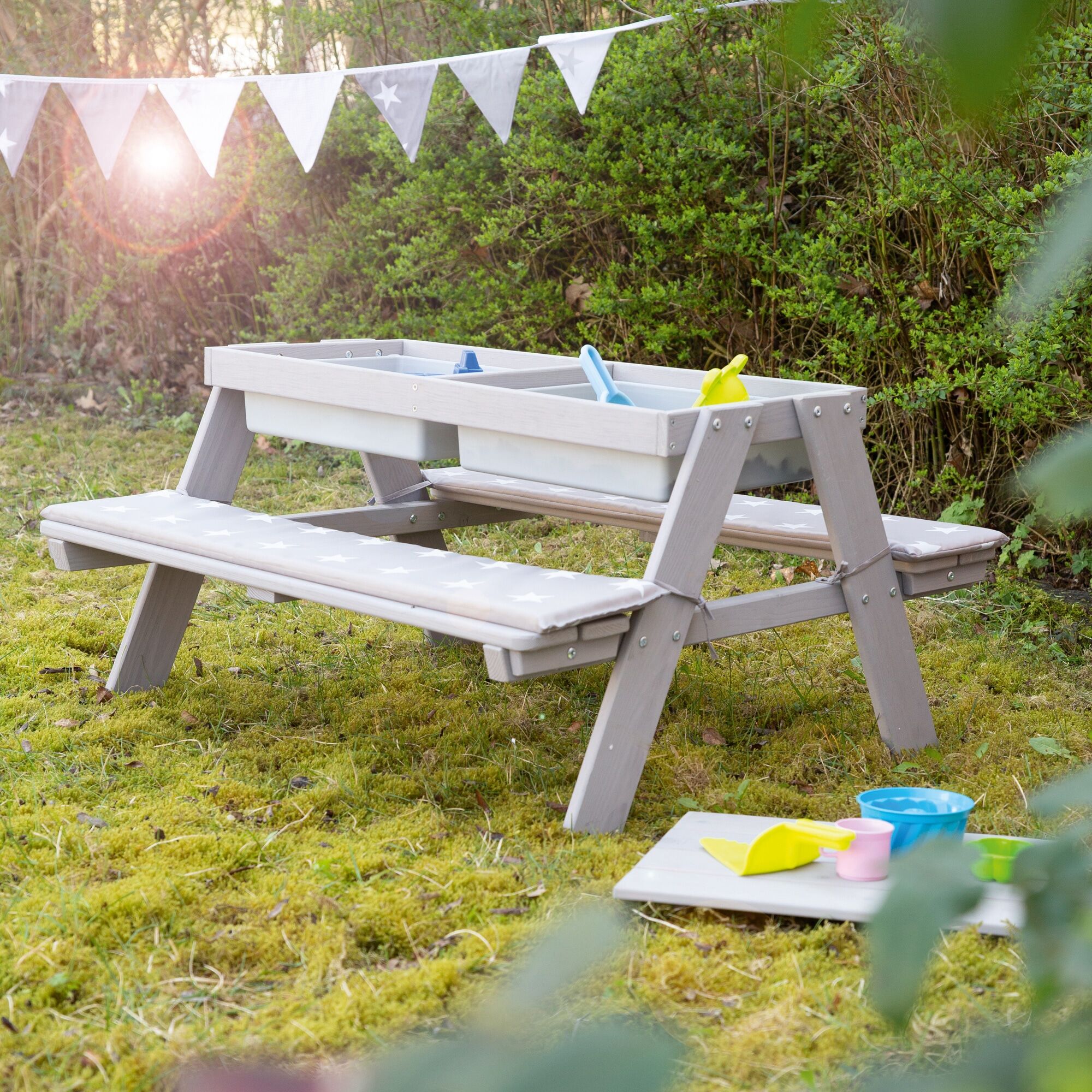 Kindersitzgruppe ROBA "Picknick for 4 Outdoor + mit Spielwannen, Grau", grau, Sitzmöbel-Sets, Baby, B/H/T: 89cm x 50cm x 85,5cm, Kindersitzgarniturmit Spielwannen und 2 Sitzauflagen, Massivholz, Kindersitzgruppe, mit abgerundeten Ecken; inklusive Sitzaufl